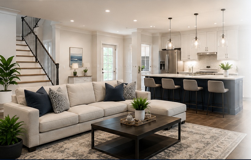 A bright, professionally cleaned residential living room and kitchen interior